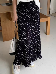 韩国chic夏季 减龄高腰百搭显瘦褶皱设计撞色波点半身裙长裙女 法式