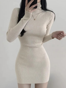 显瘦内搭长袖 气质高领弹力修身 针织包臀连衣裙女 法式 韩国chic秋季