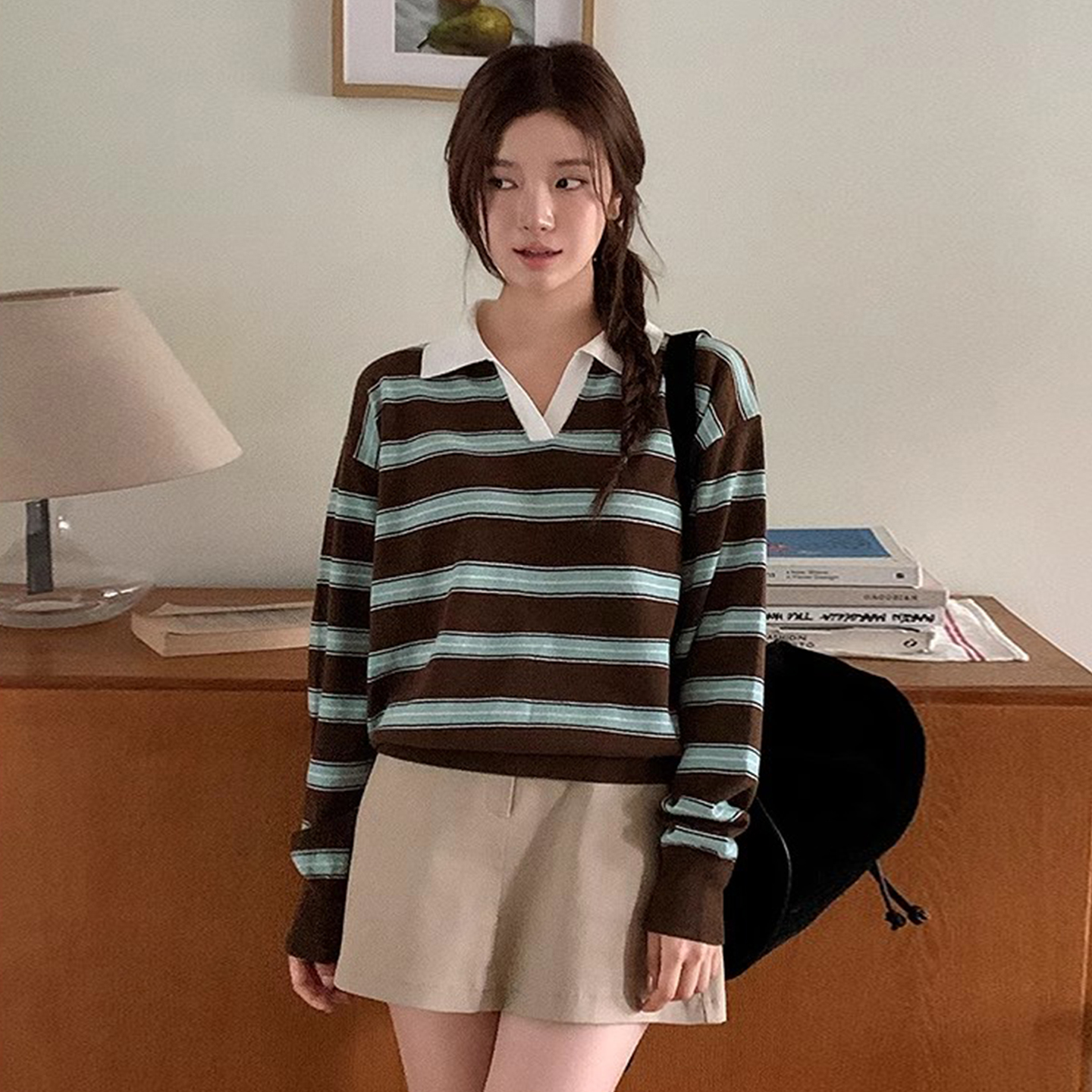 学院风polo领条纹长袖打底针织衫