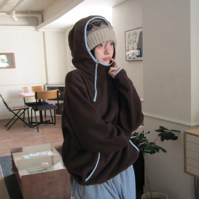 复古撞色包边侧拉链连帽式卫衣