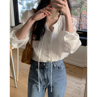 衬衫 甜美气质飘带拼接花边压褶宽松泡泡袖 上衣女 新款 韩国chic秋季