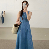复古圆领明线设计收腰显瘦无袖 韩系chic夏季 法式 背心牛仔连衣裙女