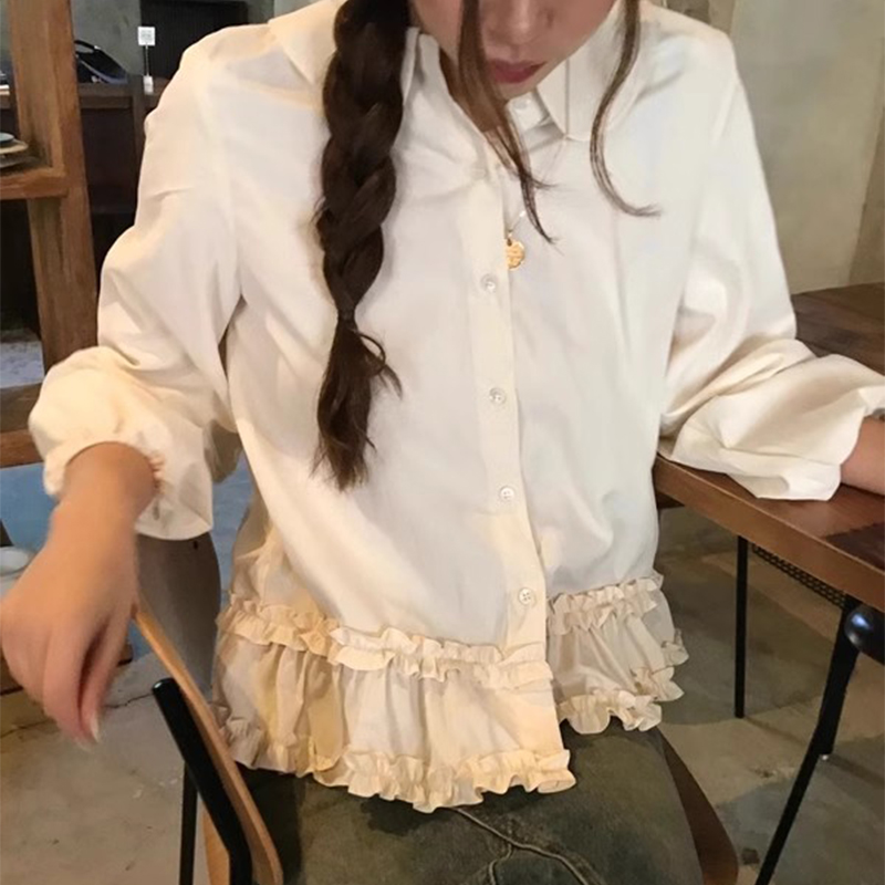 小众别致木耳边泡泡袖衬衫上衣女