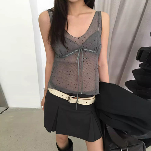 波点网纱绑带V领微透短款背心女