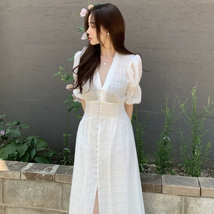 温柔V领格纹开叉设计收腰显瘦纯色泡泡袖 韩国chic春季 法式 连衣裙