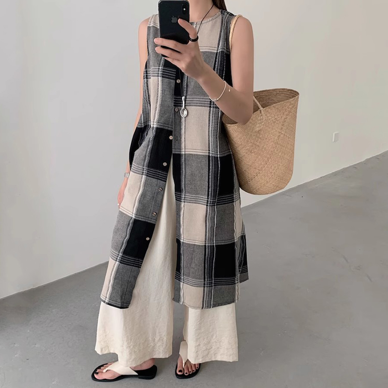 良良家复古个性麻棉格子背心连衣裙女夏季新款高腰休闲长裤两件套
