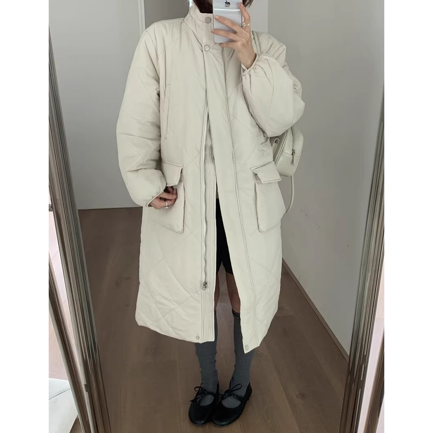 温柔风立领夹棉保暖菱形格棉服外套女2025冬季新款口袋中长款大衣