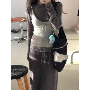 针织半身裙三件套 蝴蝶结吊带 韩国chic秋冬复古减龄软糯长袖 毛衣