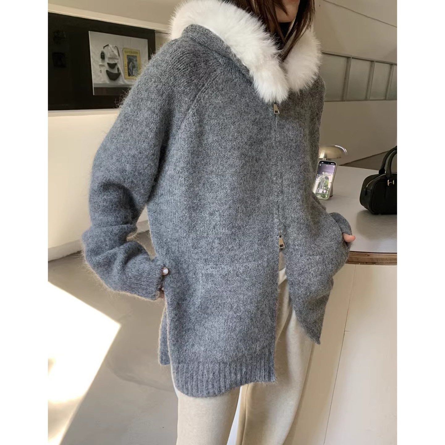 慵懒风毛领连帽针织开衫毛衣外套