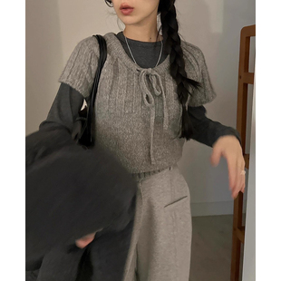 小众叠穿抽绳系带蝴蝶结套头毛衣女2025秋季新款宽松短袖针织上衣