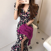 韩国chic复古优雅V领满屏花朵修身 显瘦短袖 开叉包臀雪纺连衣裙女
