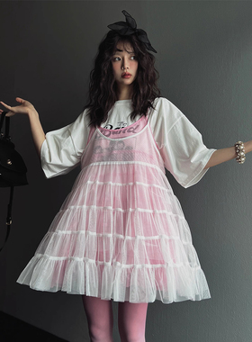 韩国chic夏季法式气质U型领拼接层次感透视叠穿网纱吊带连衣裙女