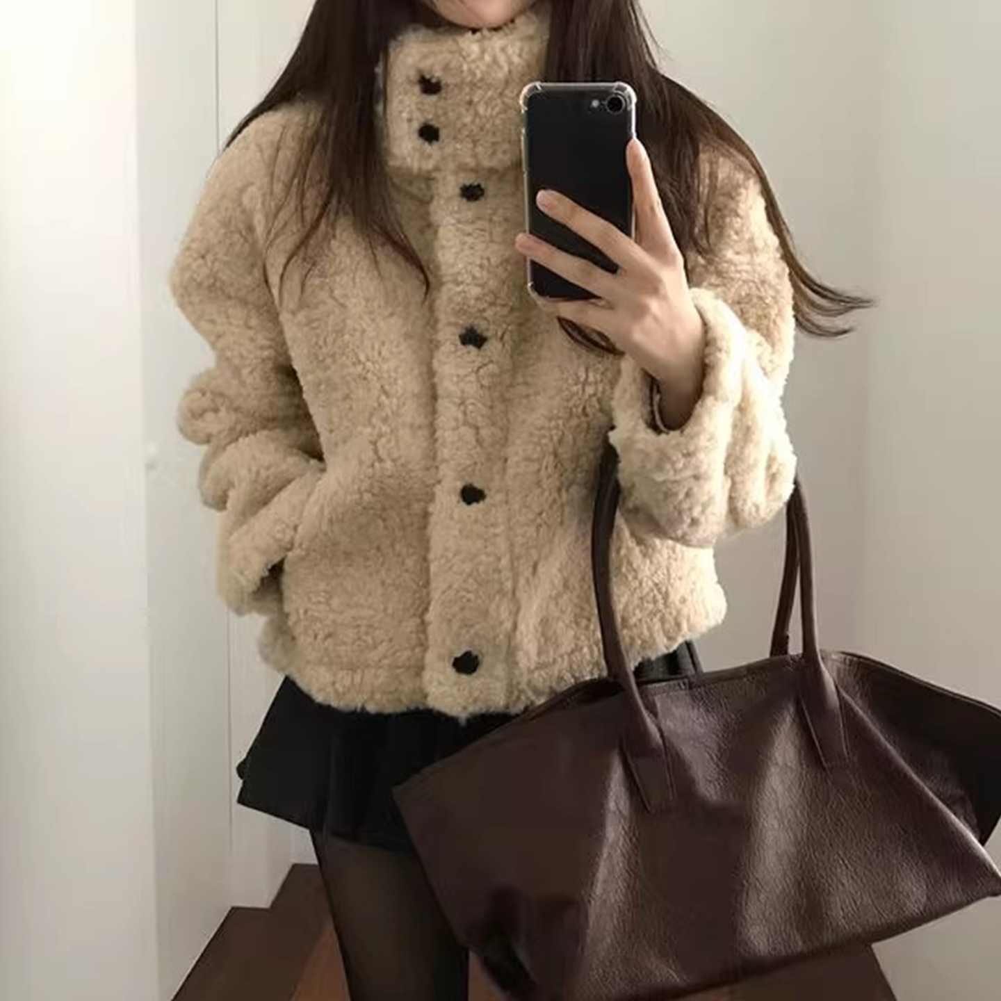 学院风加厚保暖短款羊羔毛外套