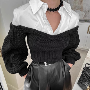韩国chic秋冬小众设计感翻领百搭显瘦撞色拼接灯笼袖 毛衣女 针织衫