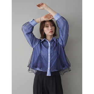良良家韩系假两件拼接网纱条纹衬衫女秋季新款设计感小众别致上衣