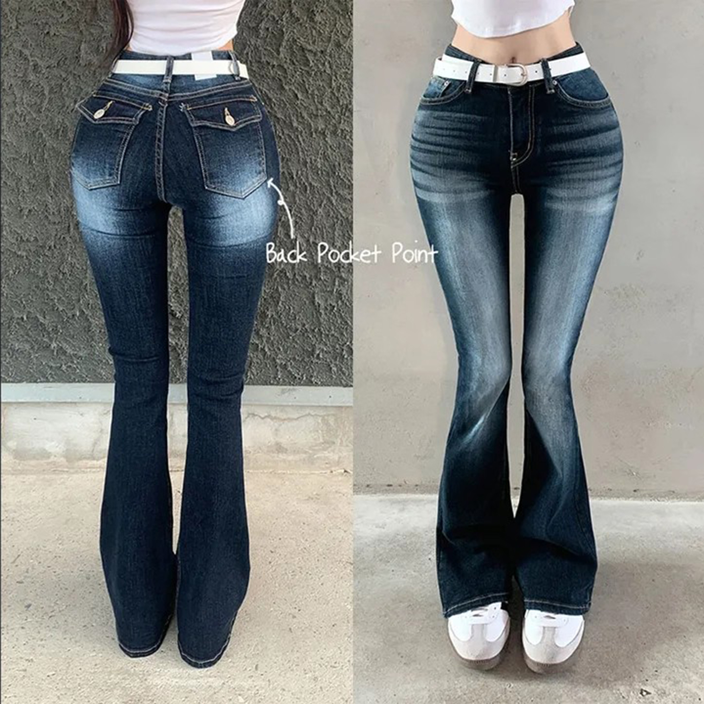 个性水洗蓝磨白微喇裤牛仔裤长裤