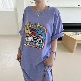 长裙子 慵懒风宽松休闲短袖 童趣减龄卡通印花连衣裙女夏季 法式