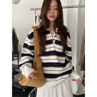 韩国chic秋季法式小众polo领撞色条纹针织衫宽松长袖套头毛衣女