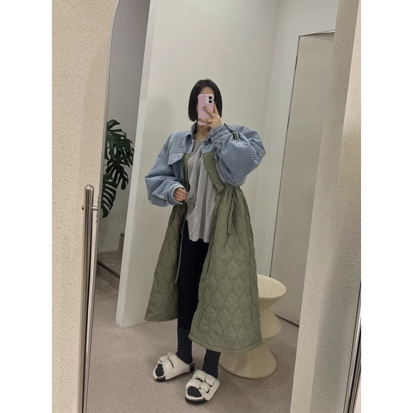 设计感拼接牛仔长款棉衣外套女