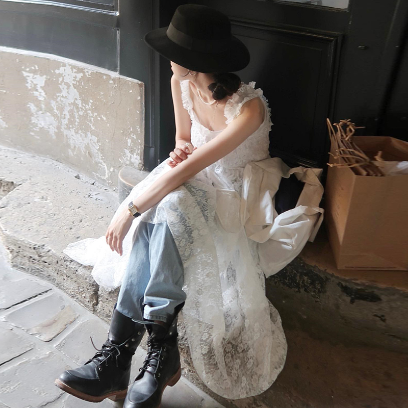 chic方领重工蕾丝钩花无袖吊带裙