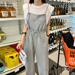 韩系简约风灰色抽绳收腰背带连体裤女夏季新款宽松显瘦阔腿休闲裤