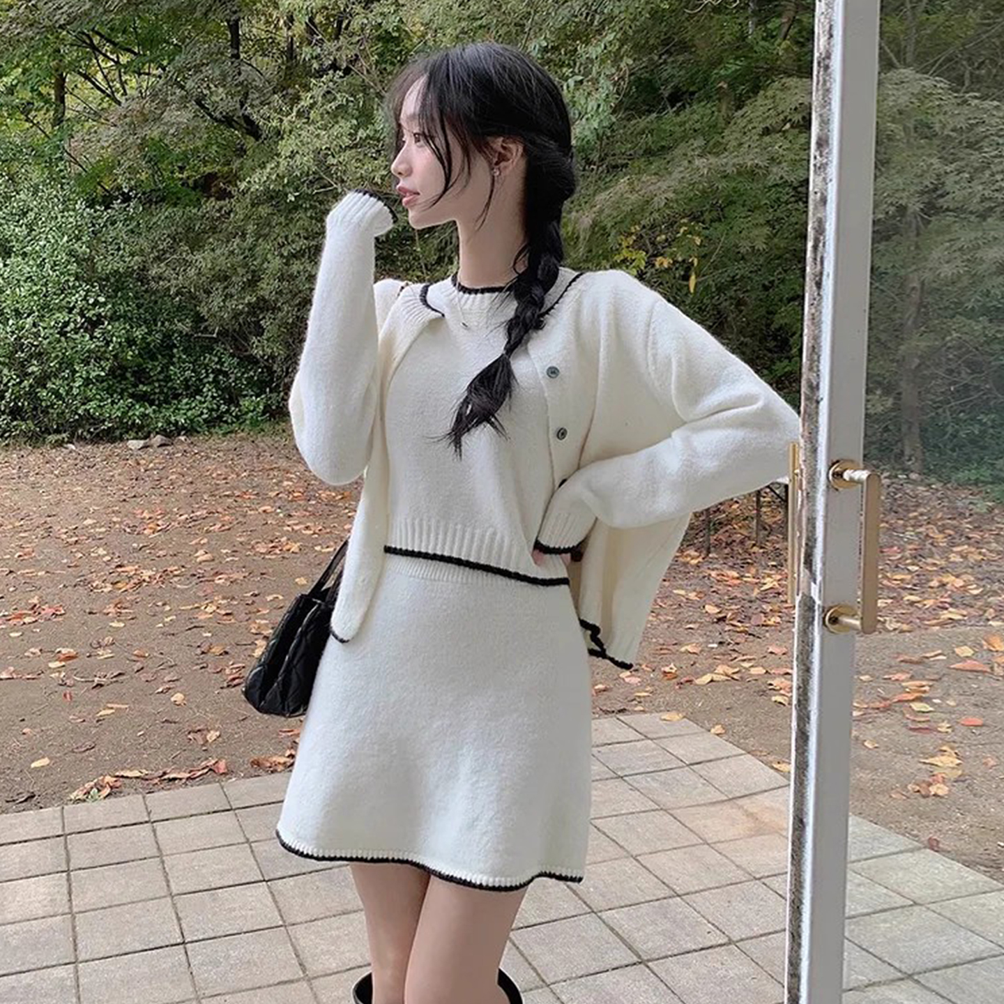 撞色软糯毛衣针织开衫外套半身裙