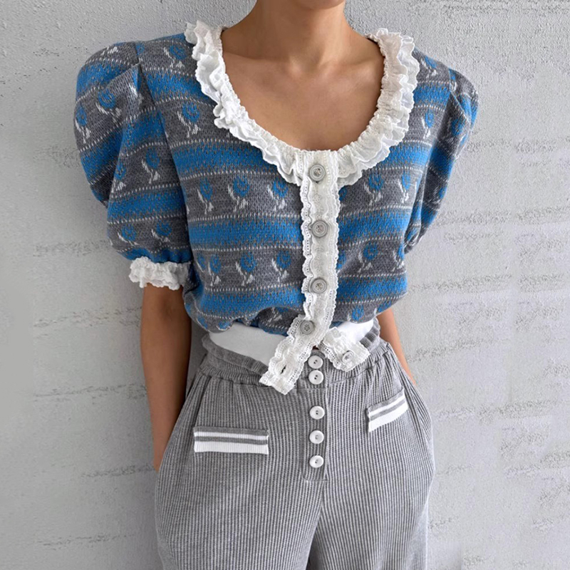 花边设计撞色提花百搭短袖针织衫