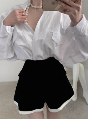 V领长袖衬衫+高腰撞色阔腿短裤