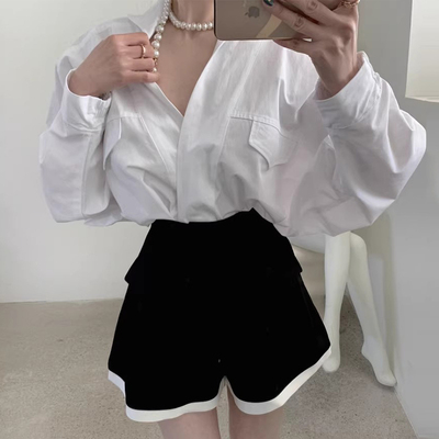 V领长袖衬衫+高腰撞色阔腿短裤