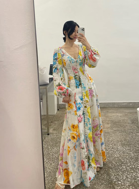 良良家法式浪漫V领碎花连衣裙女