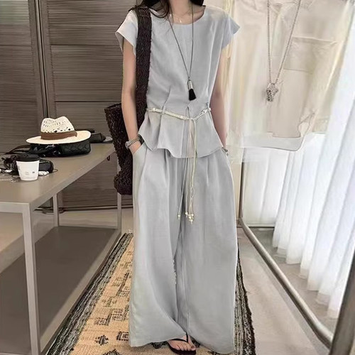 亚麻无袖衬衫女高腰阔腿裤两件套