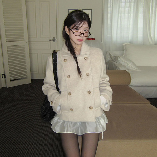 夹棉百搭口袋长袖羊毛呢外套