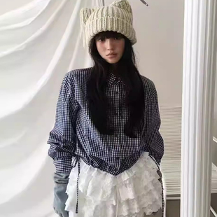 新款 良良家 女春季 衬衫 抽绳收腰衬衣上衣 设计感格子拼接蕾丝长袖