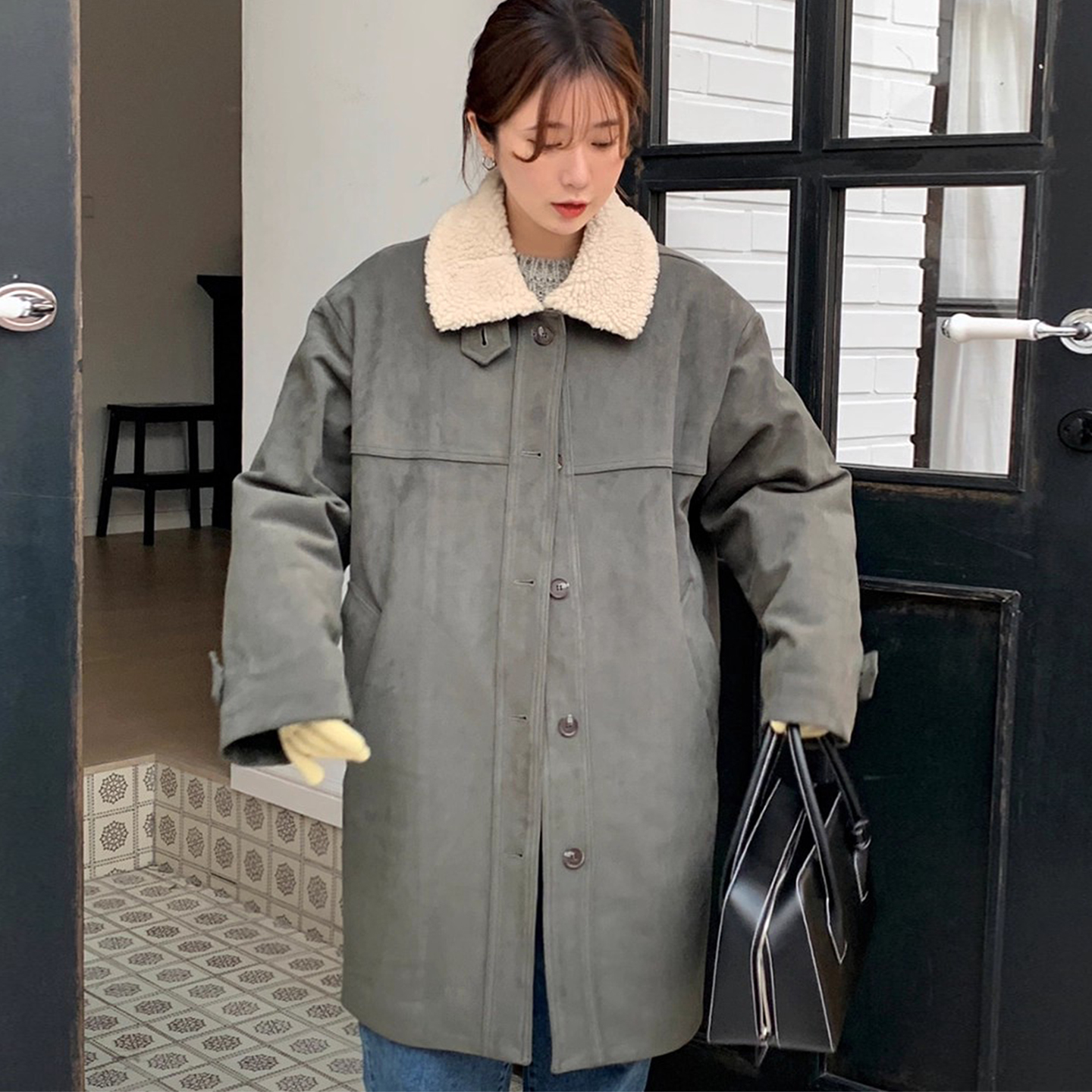 复古毛毛翻领单排扣棉服大衣外套