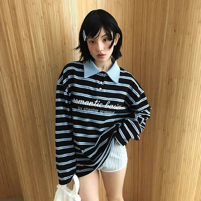 刺绣字母印花宽松长袖条纹卫衣