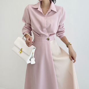 韩国chic秋季 衬衫 式 连衣裙 小众气质翻领撞色拼接设计收腰显瘦长袖