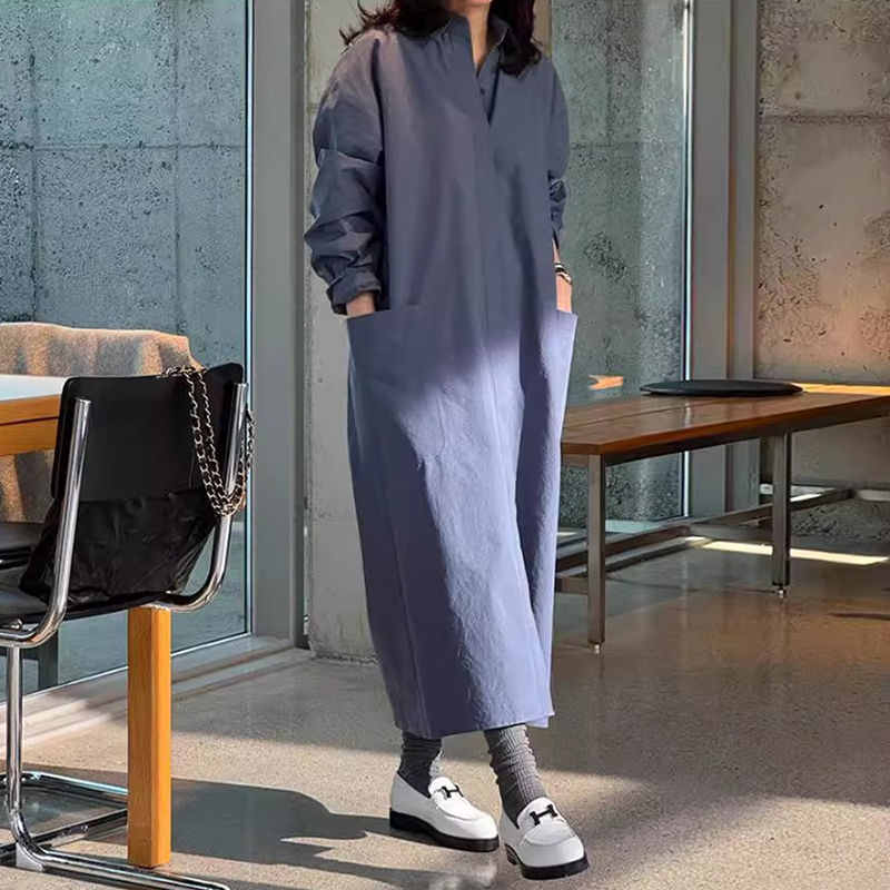 大口袋宽松休息过膝长款连衣裙