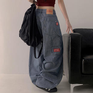 良良家复古个性字母小标签条纹直筒裤女夏季新款高腰廓形休闲长裤