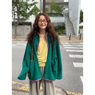 良良家韩系拼色绒面波点短外套女秋冬新款宽松显瘦休闲夹克上衣