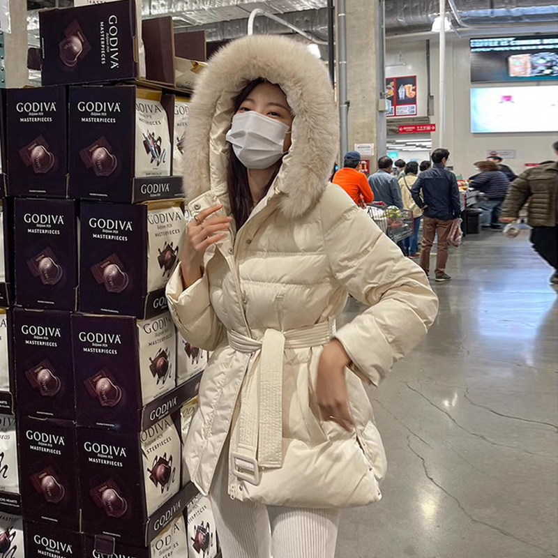 韩国chic冬季复古气质大毛领可拆卸系带收腰保暖连帽棉服外套女