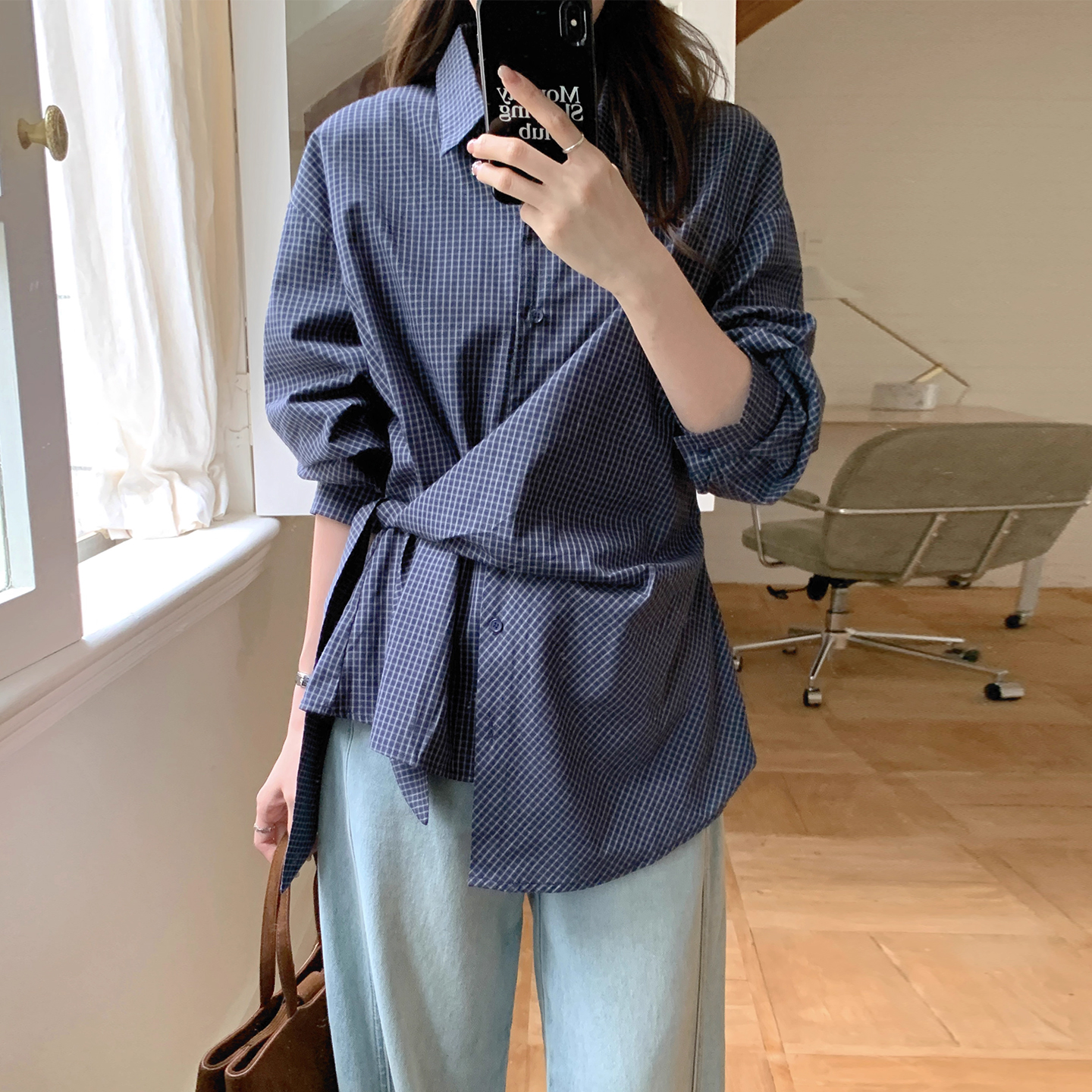 不规则绑带收腰显瘦长袖格子衬衫