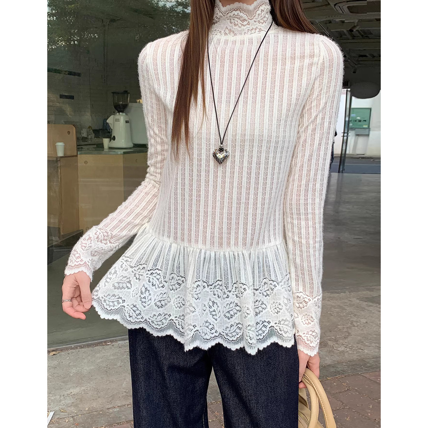 甜美半高领蕾丝花边长袖T恤女早春季新款修身百搭小个子内搭小衫,女装/女士精品,T恤,淘宝优惠券,粉丝福利购,淘宝优惠卷