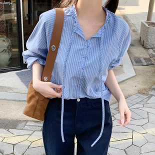 衬衫 良良家春季 优雅竖条纹飘带V领条纹单排扣长袖 法式 上衣女 新款