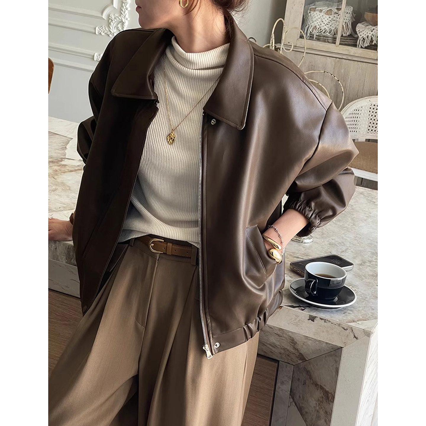 高级感PU皮短款机车服夹克外套