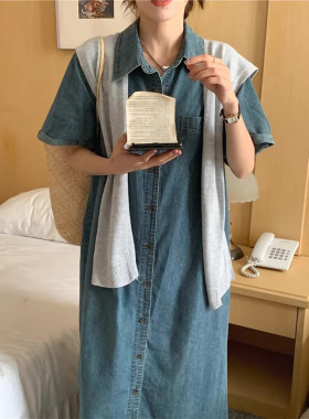 polo领长款牛仔连衣裙配披肩套装