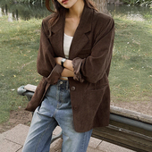 新款 法式 复古西装 韩国chic秋季 领单排扣宽松长袖 灯芯绒夹克外套女