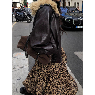 韩国chic秋冬复古洋气高腰显瘦豹纹设计百搭A字大摆半身裙长裙女