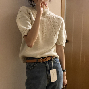韩国chic秋季 麻花纹内搭针织毛衣女 复古气质立领宽松休闲百搭短袖