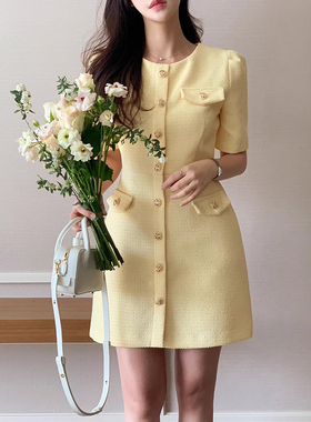 韩国chic夏季气质名媛小香风高级感粗花呢泡泡袖袖连衣裙短裙女