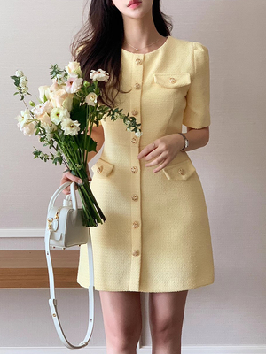 高级感粗花呢泡泡袖袖连衣裙短裙